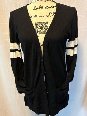 Black Button-Front Cardigan with White Sleeve Stripes